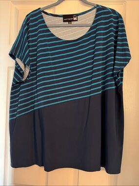 Antthony Navy and Teal Striped Scoop-Neck Short Sleeve Top